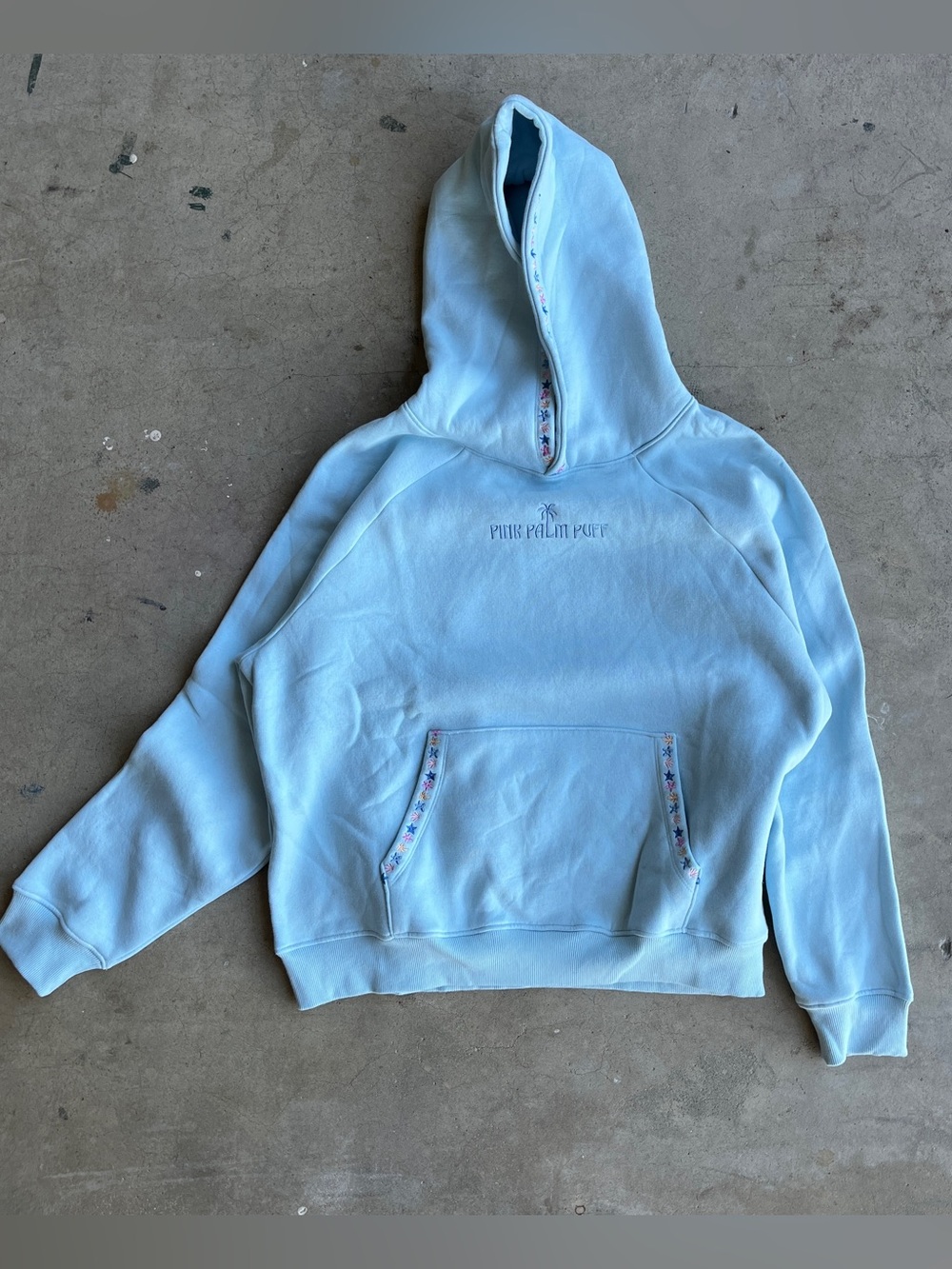 Pink Palm Puff Chase the Sun Light Blue Hooded Sweatshirt